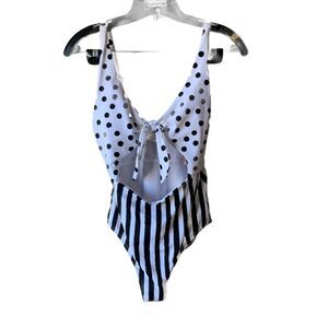 No Boundaries 1 Piece Swim Suit Black White Polka Dots Stripes Cutout Padded M
